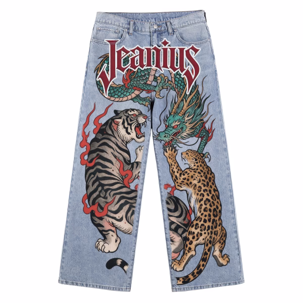Dragon Tiger Leopard Printed Denim Jeans by JR JEANIUS WEAR