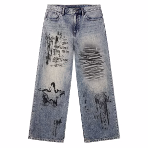 Gothic Text Star Grunge Printed Denim Jeans by JR JEANIUS WEAR