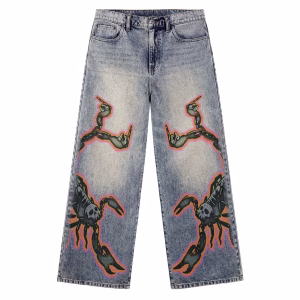 Neon Glow Scorpion Skeleton Hand Printed Denim Jeans by JR JEANIUS WEAR