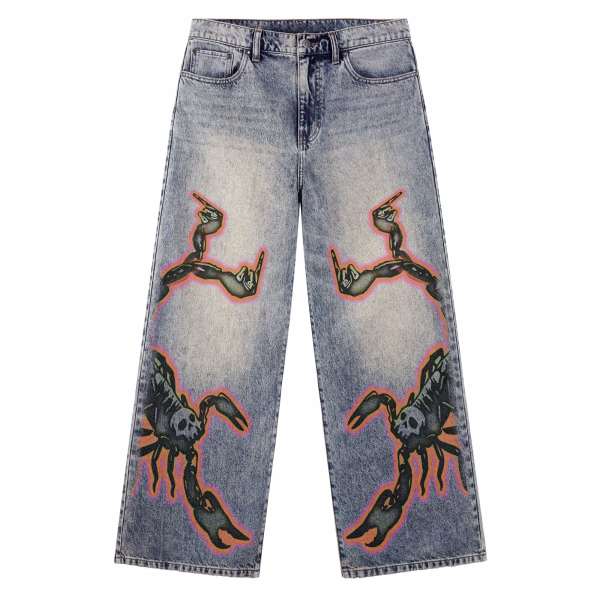 Neon Glow Scorpion Skeleton Hand Printed Denim Jeans by JR JEANIUS WEAR