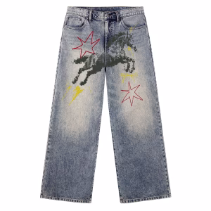 Pixel Art Horse Red Star Printed Denim Jeans by JR JEANIUS WEAR