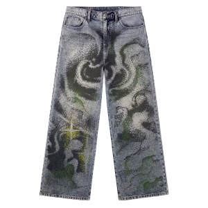 Abstract Green Mist Glitch Printed Denim Jeans by JR JEANIUS WEAR