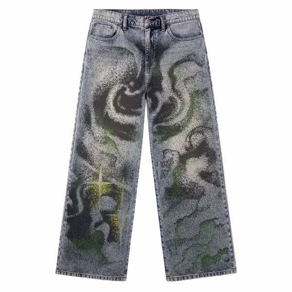 Abstract Green Mist Glitch Printed Denim Jeans by JR JEANIUS WEAR