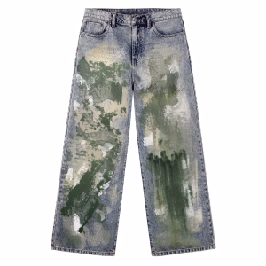 Abstract Moss Green Paint Stroke Denim Jeans by JR JEANIUS WEAR