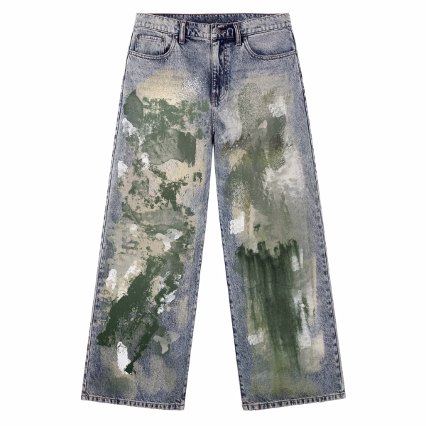 Abstract Moss Green Paint Stroke Denim Jeans by JR JEANIUS WEAR