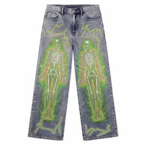 Neon Green Lightning Skeleton Glow Printed Denim by JR JEANIUS WEAR