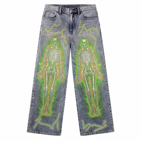 Neon Green Lightning Skeleton Glow Printed Denim by JR JEANIUS WEAR