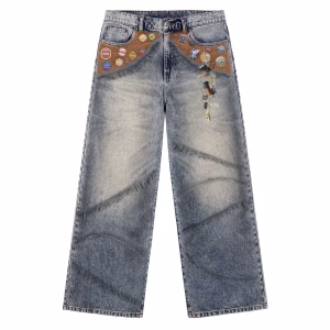 Vintage Bottle Cap Patchwork Distressed Seam Printed Denim Jeans by JR JEANIUS WEAR