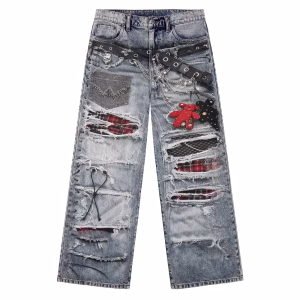 Grunge Punk Plaid Patchwork Belt Chain Printed Denim Jeans by JR JEANIUS WEAR