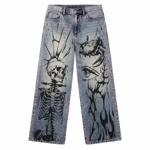Washed Black Gothic Cross Graphic Printed Denim Jeans by JR JEANIUS WEAR