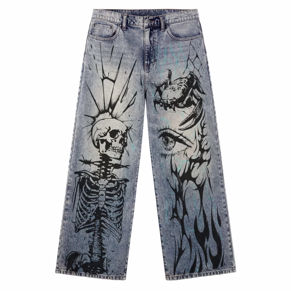 Washed Black Gothic Cross Graphic Printed Denim Jeans by JR JEANIUS WEAR