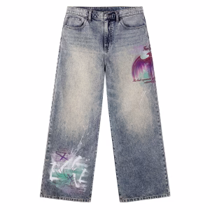 Purple Eagle Wing Abstract Graffiti Printed Denim Jeans by JR JEANIUS WEAR