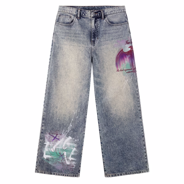 Purple Eagle Wing Abstract Graffiti Printed Denim Jeans by JR JEANIUS WEAR