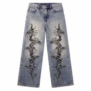 Metallic Skeleton Hands Chrome Printed Denim Jeans by JR JEANIUS WEAR