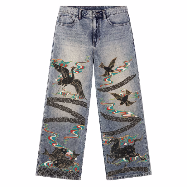 Oriental Mythical Landscape Printed Denim Jeans by JR JEANIUS WEAR