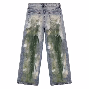 Abstract Moss Green Paint Stroke Denim Jeans