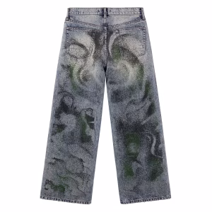 Abstract Green Mist Glitch Printed Denim Jeans