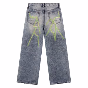 Neon Green Lightning Skeleton Glow Printed Denim