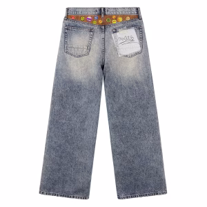 Vintage Bottle Cap Patchwork Distressed Seam Printed Denim Jeans