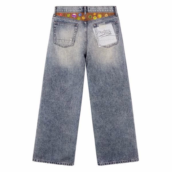 Vintage Bottle Cap Patchwork Distressed Seam Printed Denim Jeans collection product photo