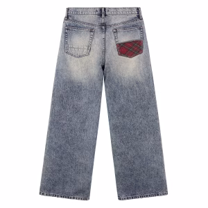 Grunge Punk Plaid Patchwork Belt Chain Printed Denim Jeans