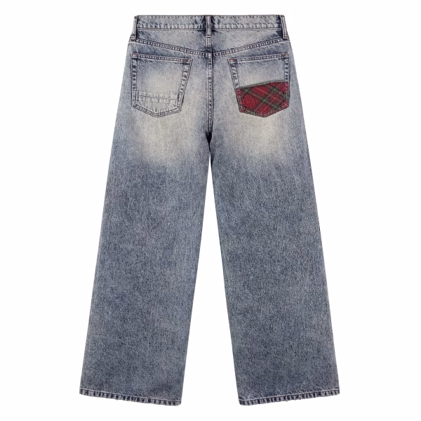 Grunge Punk Plaid Patchwork Belt Chain Printed Denim Jeans collection product photo