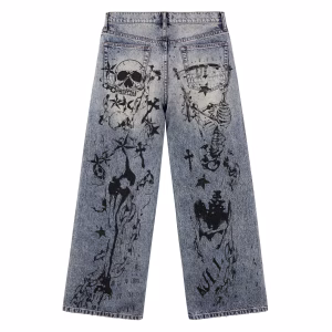 Washed Black Gothic Cross Graphic Printed Denim Jeans