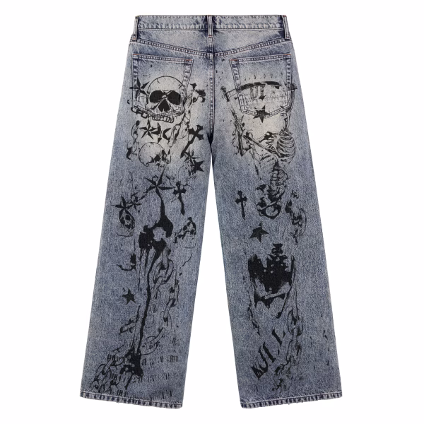 Washed Black Gothic Cross Graphic Printed Denim Jeans collection product photo
