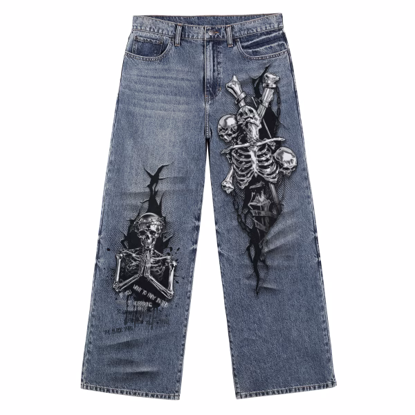 Gothic Praying Skeleton Cross Printed Denim Jeans by JR JEANIUS WEAR