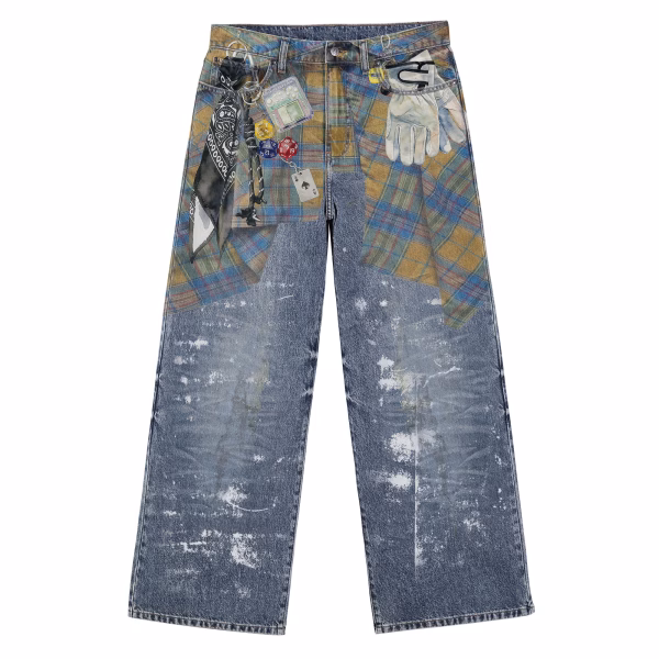 Grunge Plaid Bandana Splatter Printed Denim Jeans by JR JEANIUS WEAR