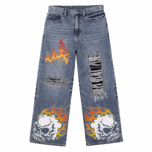 Flaming Skull Ripped Grunge Printed Denim Jeans by JR JEANIUS WEAR