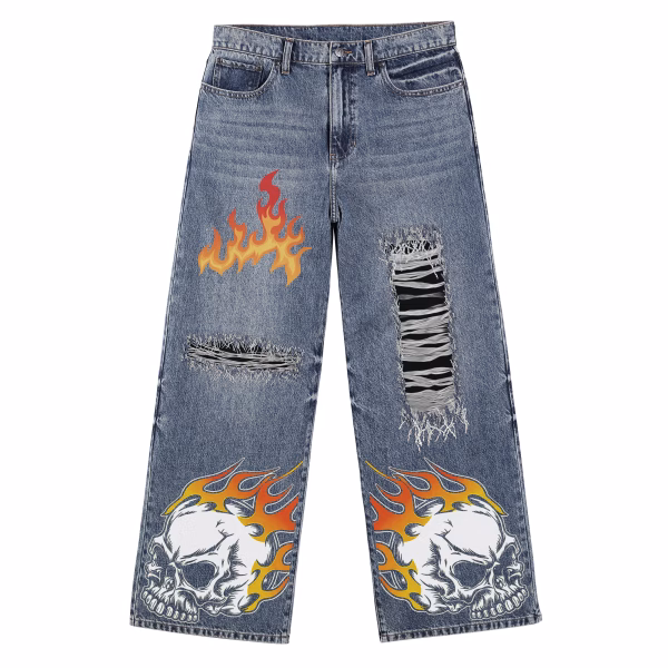 Flaming Skull Ripped Grunge Printed Denim Jeans by JR JEANIUS WEAR