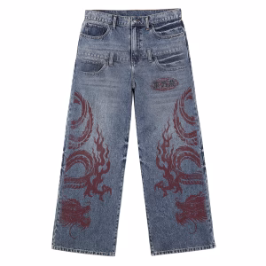 Oriental Red Dragon Totem Printed Denim Jeans by JR JEANIUS WEAR