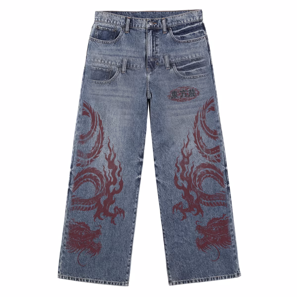Oriental Red Dragon Totem Printed Denim Jeans by JR JEANIUS WEAR