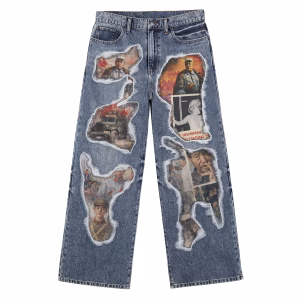 Vintage Historical Poster & Pop Art Collage Printed Denim Jeans by JR JEANIUS WEAR