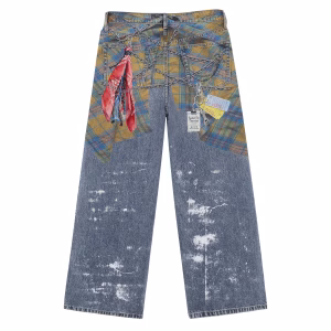 Grunge Plaid Bandana Splatter Printed Denim Jeans