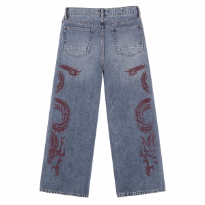 Oriental Red Dragon Totem Printed Denim Jeans