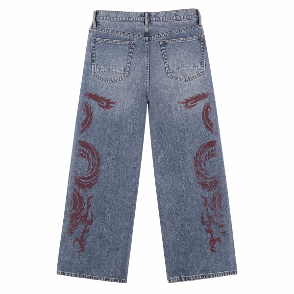 Oriental Red Dragon Totem Printed Denim Jeans collection product photo