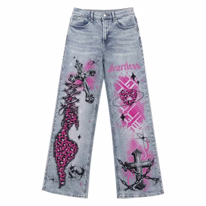 Heartless Gothic Cross Graffiti Printed Denim Pants by JR JEANIUS WEAR