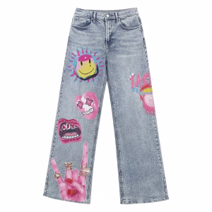Pink Pop Art Cartoon Graphic Printed Denim Jeans by JR JEANIUS WEAR