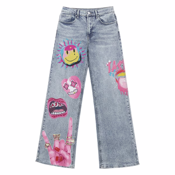 Pink Pop Art Cartoon Graphic Printed Denim Jeans by JR JEANIUS WEAR