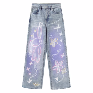 Pastel Bunny Sketch Art Printed Denim Jeans by JR JEANIUS WEAR