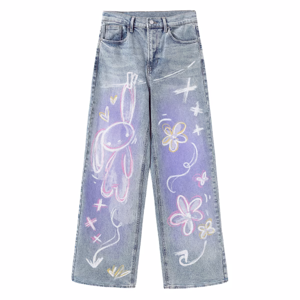 Pastel Bunny Sketch Art Printed Denim Jeans by JR JEANIUS WEAR
