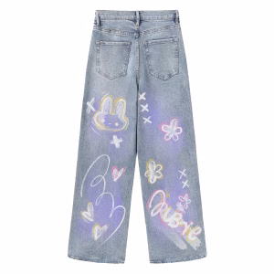 Pastel Bunny Sketch Art Printed Denim Jeans