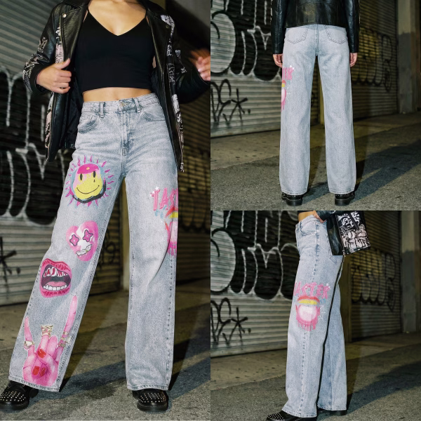 Pink Pop Art Cartoon Graphic Printed Denim Jeans collection product photo