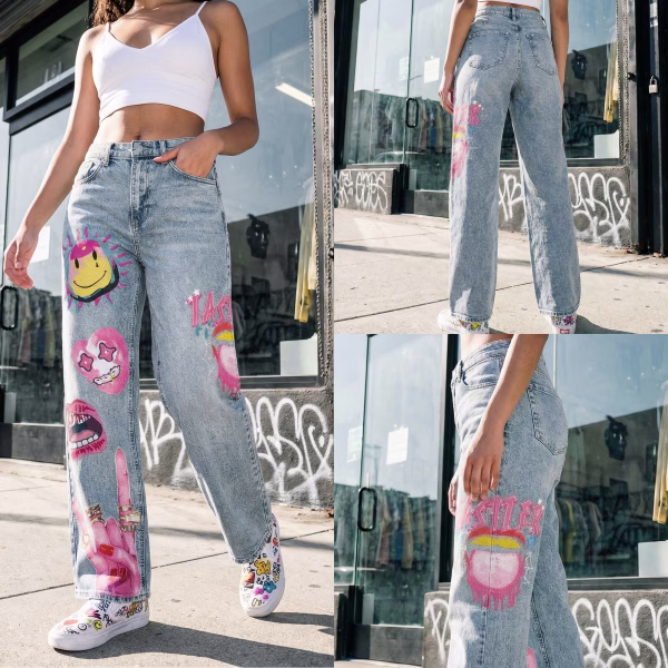 Pink Pop Art Cartoon Graphic Printed Denim Jeans collection product photo
