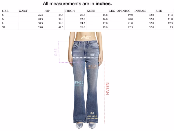 Size guide for "Fairy Whisper" White Butterfly & Floral Printed Denim Jeans