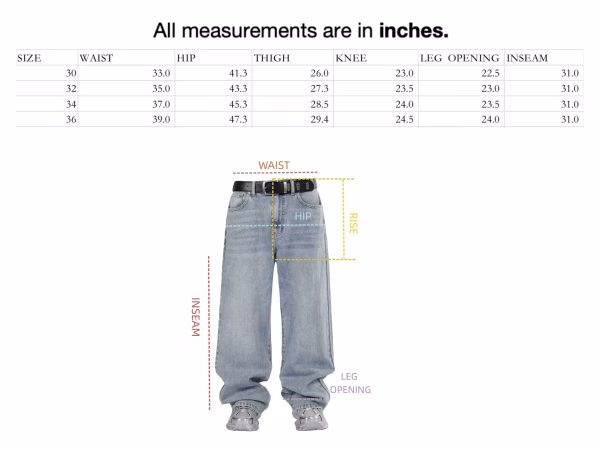 Size guide for Blurred Reality Printed Denim Jeans