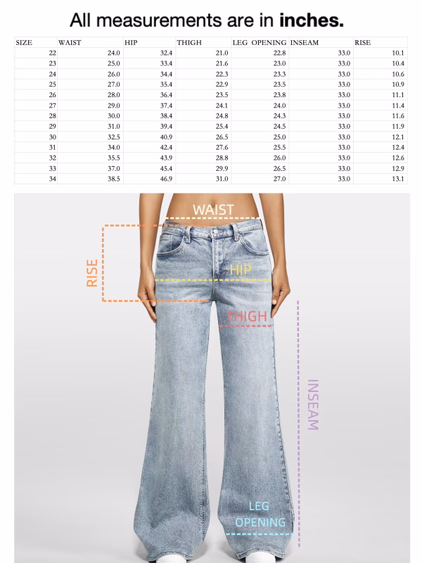 Size guide for Gothic Chaos Mythology Art Printed Denim Jeans