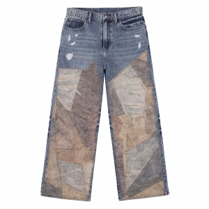 Vintage Distressed Earth Tone Patchwork Denim Jeans by JR JEANIUS WEAR